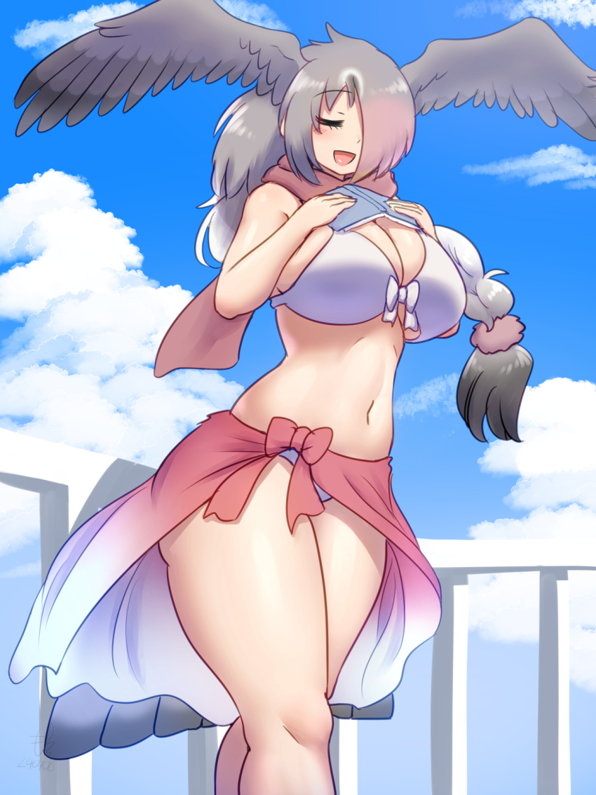 1girl bikini bird_wings blush book braid breasts closed_eyes cloud curvy grey_hair hair_over_one_eye head_wings highres holding holding_book kemono_friends large_breasts long_hair mo23 multicolored_hair navel pink-backed_pelican_(kemono_friends) pink_hair sarong scarf sky smile solo swimsuit white_bikini wings