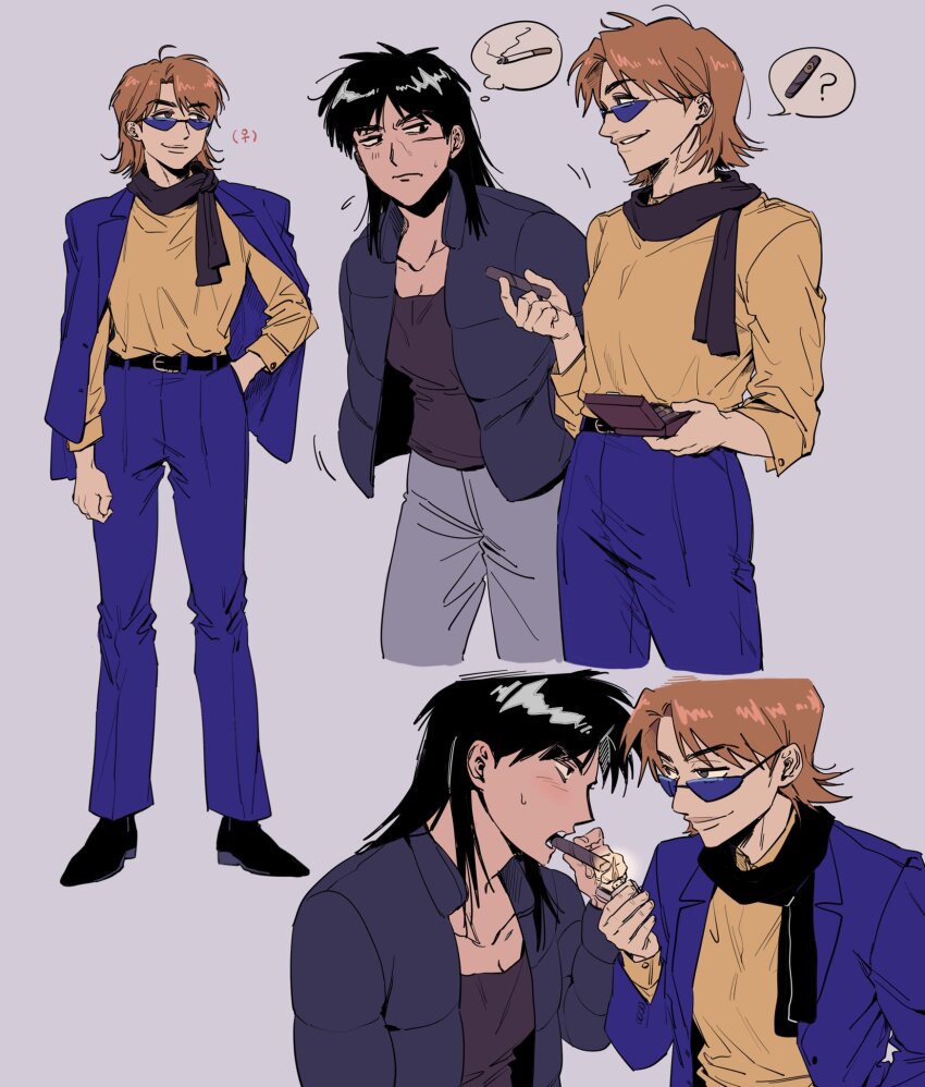 2girls black_coat black_eyes black_footwear black_hair black_scarf black_shirt blue-tinted_eyewear blue_jacket blush breasts brown_hair cigar cigar_box closed_mouth coat commentary_request facial_scar full_body genderswap genderswap_(mtf) grey_background grey_pants highres holding holding_cigar hyoudou_kazuya itou_kaiji jacket jacket_on_shoulders kaiji korean_commentary lighting_cigar long_hair looking_at_another medium_breasts multiple_girls open_clothes open_coat open_mouth pants puffy_coat scar scar_on_cheek scar_on_face scarf shirt shoes simple_background smile sunglasses tinted_eyewear venus_symbol yellow_shirt yunag_(u_ja_dd)