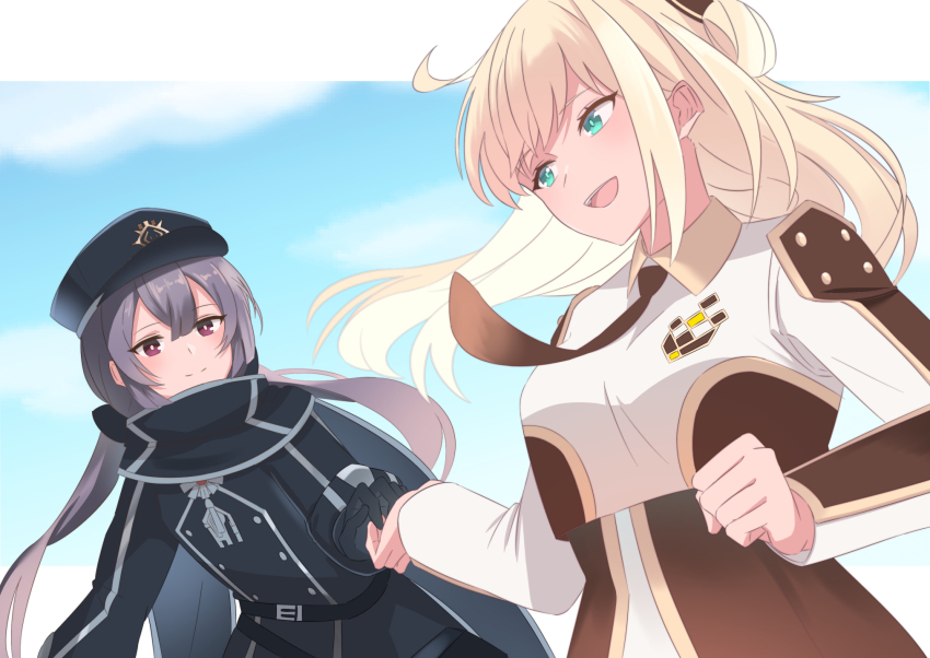 2girls ahoge ascot black_dress blonde_hair blue_sky blush breasts brown_eyes closed_mouth cloud cloudy_sky dress duel_monster green_eyes grey_hair hat heichi highres holding_hands large_breasts long_hair long_sleeves multiple_girls open_mouth sky sky_striker_ace_-_raye sky_striker_ace_-_roze smile teeth twintails upper_body upper_teeth_only yu-gi-oh!