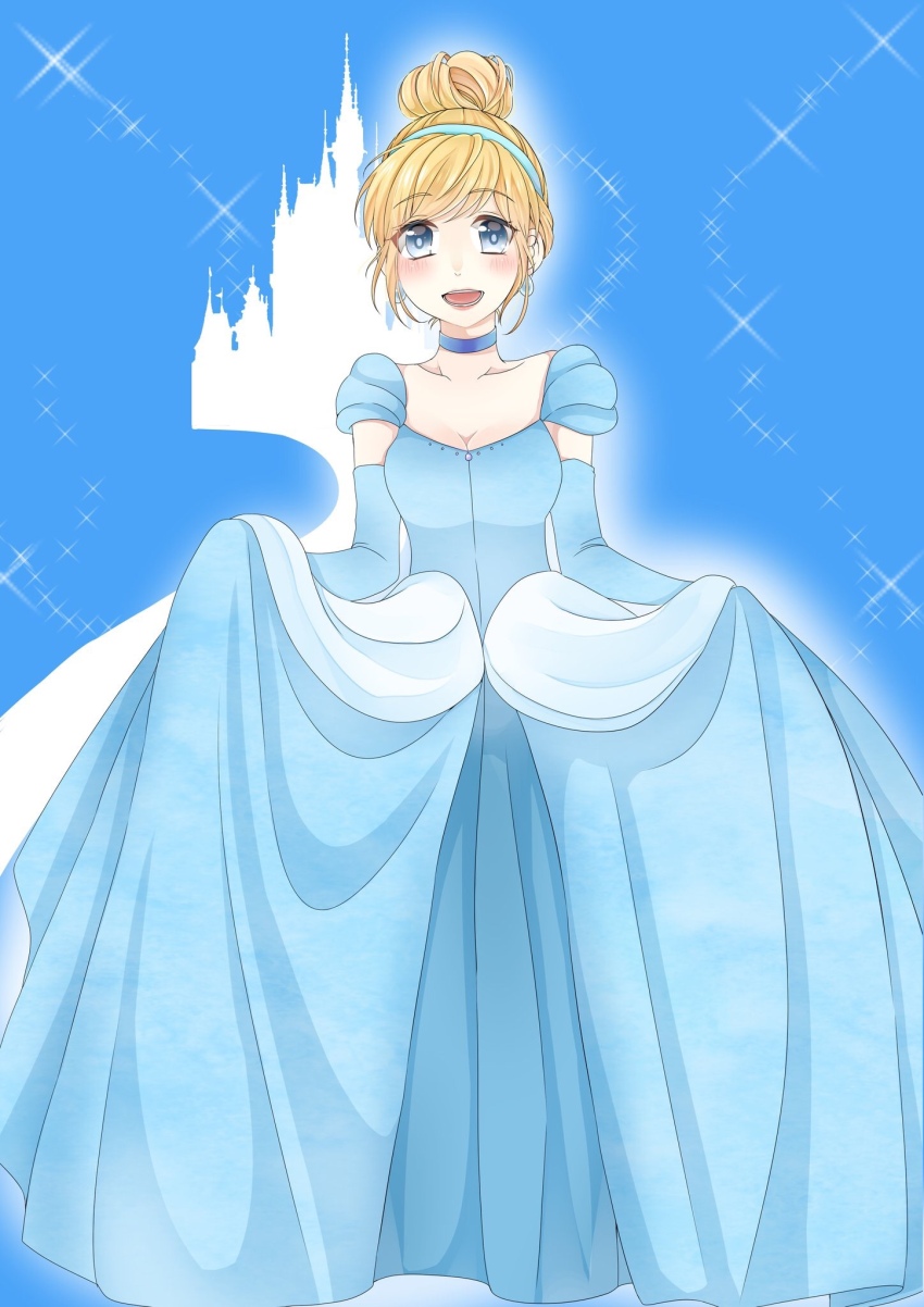 1girl blonde_hair blue_dress blue_eyes breasts choker cinderella_(disney_character) cinderella_(disney_movie) dress earrings elbow_gloves gloves gown hair_bun hairband highres jewelry looking_at_viewer princess princess_dress short_hair smile solo yuzuca_(trickster4594)