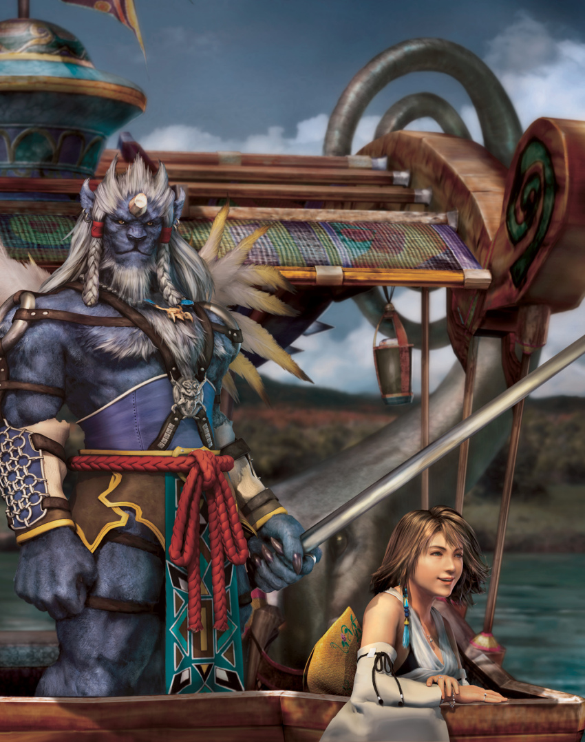 00s 1girl 3d animal_ears belt blue_skin boat bracer braid brown_eyes cloud colored_skin day detached_sleeves earrings final_fantasy final_fantasy_x highres horns jewelry kimahri_ronso official_art sky square_enix twin_braids water watercraft yuna yuna_(ff10)