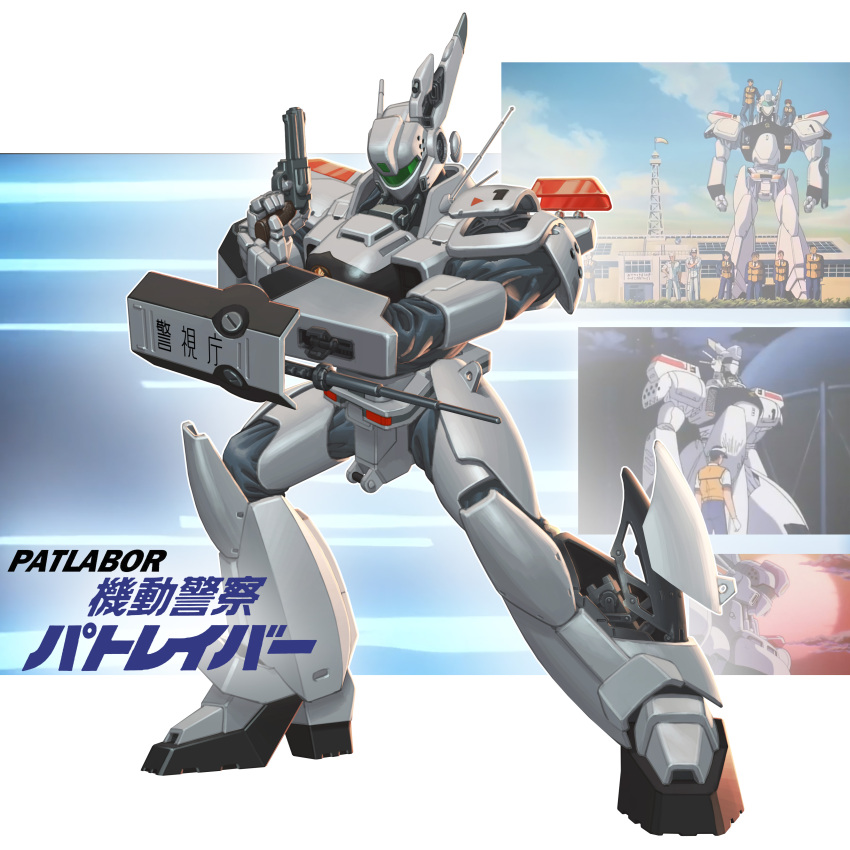 1980s_(style) 37_millimeter_vulcan_revolver_cannon absurdres alphonse_(av-98_ingram) autocannon av-98_ingram baton_(weapon) cannon commentary_request gun handgun highres kidou_keisatsu_patlabor light logo machinery mecha oldschool police police_badge retro_artstyle revolver revolver_cannon riot_shield robot science_fiction screencap shield title traditional_media weapon xiao_duzi