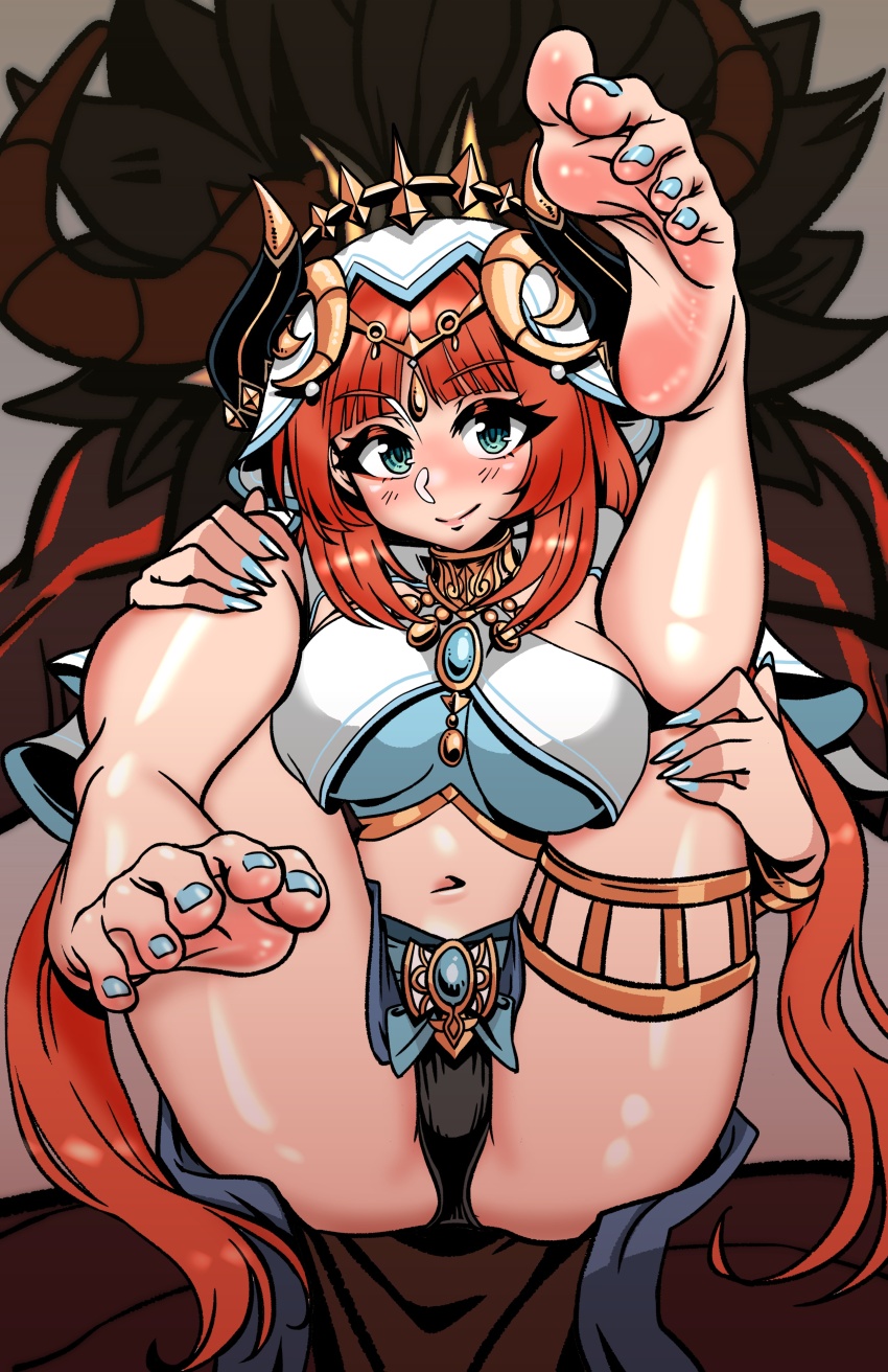 1boy 1girl absurdres alternate_breast_size aqua_eyes barefoot black_horns black_panties blue_brooch blue_nails breasts brooch chinese_commentary closed_mouth commentary_request crop_top fake_horns feet ga320aaa genshin_impact gold_trim hand_on_own_leg hand_on_own_thigh harem_outfit hetero highres hilichurl_(genshin_impact) horns interspecies jewelry large_breasts long_hair looking_at_viewer low_twintails navel nilou_(genshin_impact) panties red_hair smile thighlet twintails underwear veil white_veil