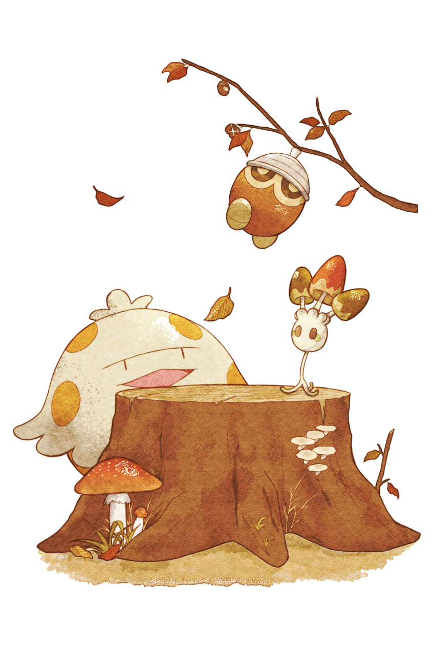 branch commentary_request falling_leaves gen_3_pokemon gen_7_pokemon highres leaf looking_up morelull mozuku_1313 mushroom nintendo no_humans open_mouth pokemon pokemon_(creature) pokemon_focus seedot shroomish tree_stump white_background