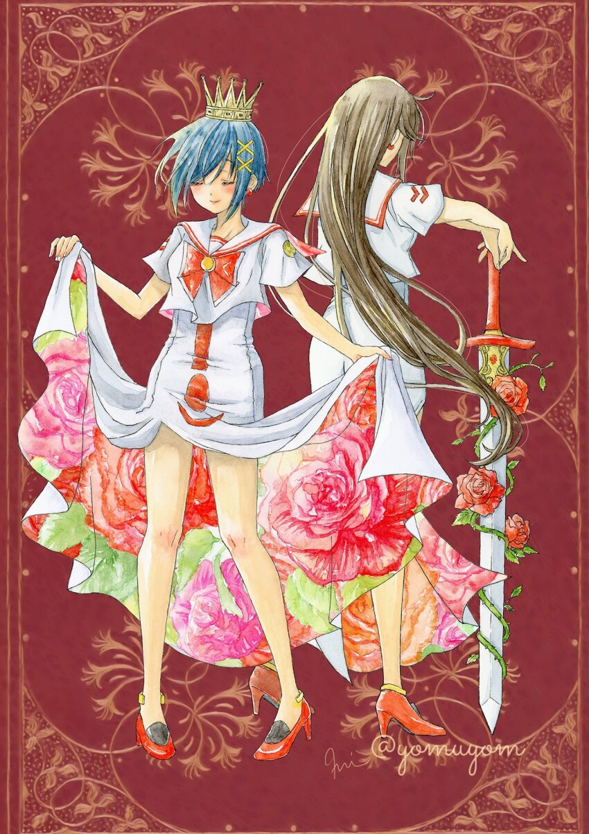 2girls aika_granzchesta akira_ferrari aria_(manga) artist_name bare_legs blue_hair blush bow bowtie brown_hair closed_eyes crown dress earrings eyelashes flower full_body hair_ornament high_heels highres himeya_company_uniform holding jewelry legs long_hair miyano_(yomuyom) multiple_girls patterned_background plant red_background red_bow red_bowtie red_footwear rose sailor_collar short_sleeves side_slit sidelocks skirt_hold standing sword twitter_username very_long_hair vines weapon white_dress x_hair_ornament