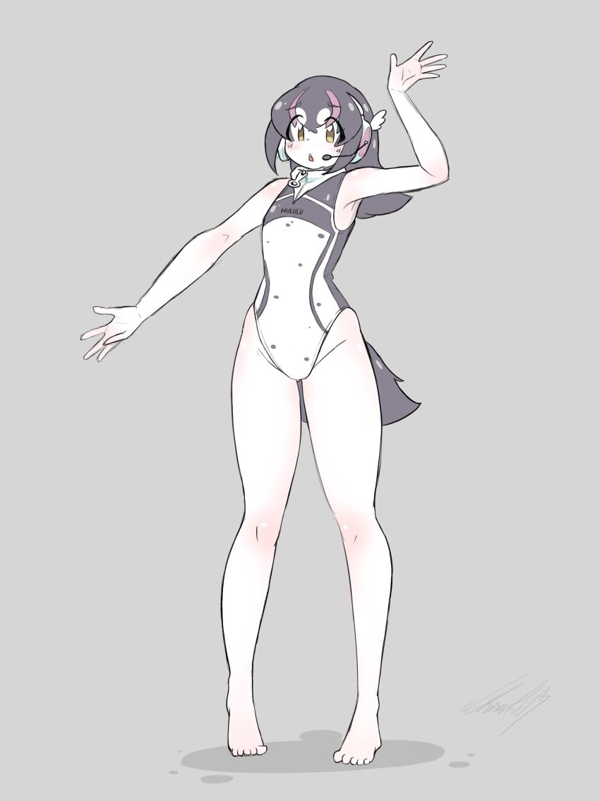 1girl arm_up armpits barefoot black_hair cherushi_2 full_body grey_background headphones highres humboldt_penguin_(kemono_friends) kemono_friends kemono_friends_v_project long_hair looking_at_viewer microphone multicolored_hair penguin_girl penguin_tail simple_background solo streaked_hair swimsuit tail virtual_youtuber yellow_eyes zipper