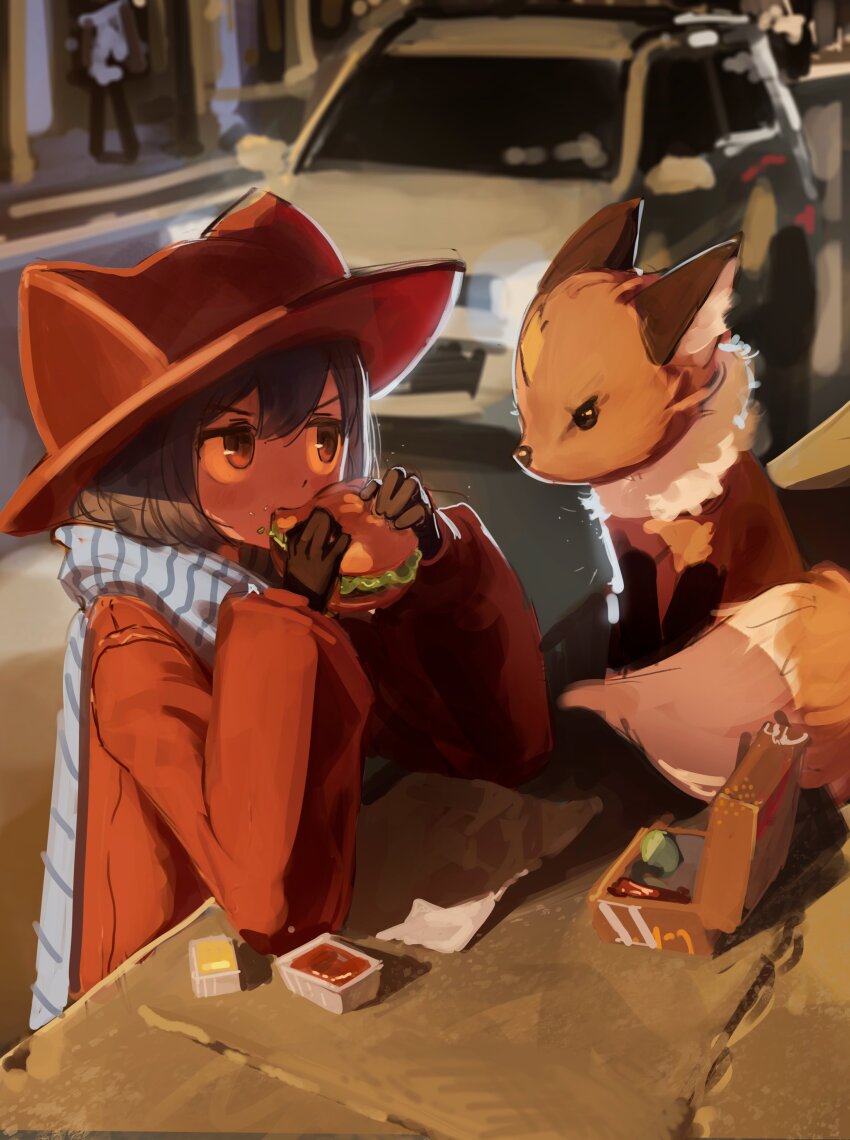 1girl 1other absurdres androgynous animal_ear_fluff animal_hat animal_nose black_eyes black_fur black_gloves blue_hair blue_scarf brown_coat brown_eyes brown_hat burger car cat_hat child coat colored_sclera commentary contemporary dot_nose eating english_commentary food food_in_mouth fox gloves hair_between_eyes hat highres holding holding_food long_sleeves looking_at_another making-of_available medium_hair motor_vehicle napkin niko_(oneshot) oneshot_(game) orange_fur orange_tail pickle road rue_(oneshot) sauce_packet scarf shadches72 street striped_clothes striped_scarf v-shaped_eyes vertical-striped_clothes vertical-striped_scarf white_car white_fur yellow_sclera