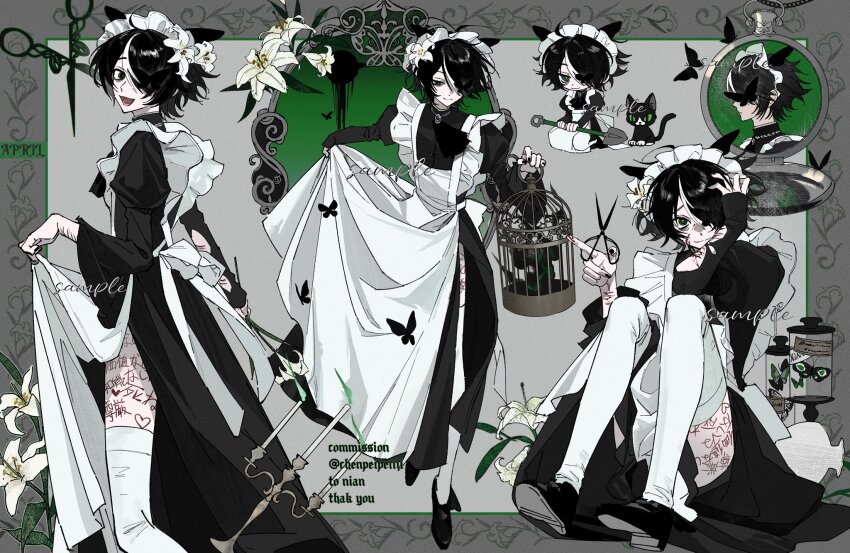 1boy apron birdcage black_butterfly black_cat black_dress black_hair black_shoes bug butterfly cage cat chenpeipeii chibi closed_mouth commission cowboy_shot crossdressing dress english_text flower full_body highres holding holding_cage holding_scissors insect juliet_sleeves long_sleeves maid maid_apron mirror multicolored_hair multiple_views open_mouth original puffy_sleeves scissors shoes short_hair sitting smile teeth thighhighs twitter_username two-tone_hair white_flower white_hair white_streaks white_thighhighs