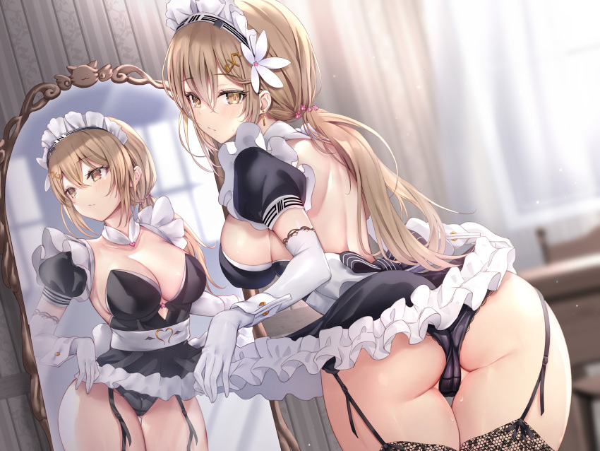 1girl absurdres ass back black_dress black_panties black_thighhighs blurry blurry_background breasts brown_eyes brown_hair cameltoe cleavage clothes_lift detached_sleeves dress dress_lift elbow_gloves fishnet_thighhighs fishnets flower garter_straps gloves hair_between_eyes hair_flower hair_ornament hairclip haishiki highres indoors large_breasts long_hair maid maid_headdress mirror no_bra original panties partially_visible_vulva reflection shoulder_blades sideboob sidelocks skirt skirt_lift solo standing thighhighs thong underwear white_flower white_gloves wrist_cuffs