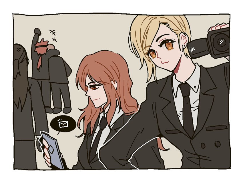 2girls 3boys :3 anger_vein arm_around_neck bald batphone1939 black_footwear black_gloves black_hair black_jacket black_necktie black_suit blonde_hair border breasts brown_eyes brown_hair camera cissnei earrings elena_(ff7) facing_away final_fantasy final_fantasy_vii fingerless_gloves formal_clothes gloves hair_behind_ear hair_pulled_back hand_on_own_hip holding holding_camera jacket jewelry light_smile long_hair looking_at_phone looking_at_viewer low_ponytail medium_breasts multiple_boys multiple_girls necktie phone ponytail red_hair reno_(ff7) rude_(ff7) short_hair_with_long_locks sketch spiked_hair suit suit_jacket swept_bangs text_messaging tseng wavy_hair white_border