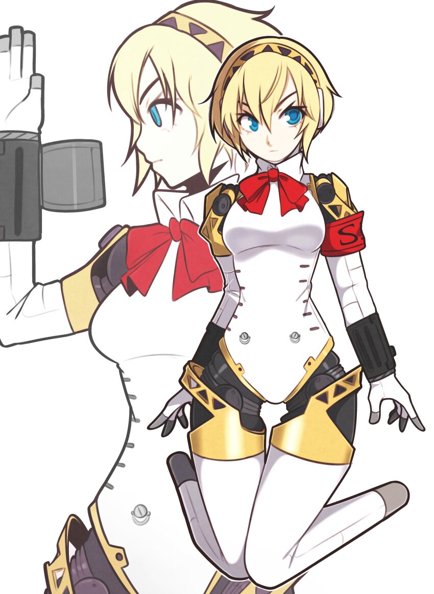 1girl absurdres aigis_(persona) android arm_up blonde_hair blue_eyes breasts closed_mouth commentary hair_between_eyes highres jeff_miga joints mechanical_legs medium_breasts multiple_views persona persona_3 red_ribbon revision ribbon robot_joints short_hair simple_background v-shaped_eyebrows white_background