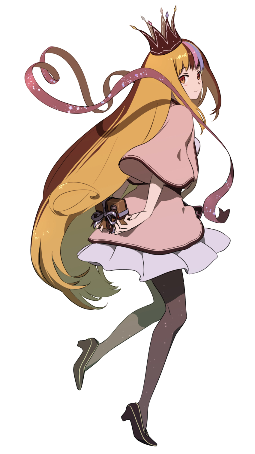 1girl arms_behind_back black_footwear black_pantyhose blonde_hair box brown_eyes brown_hair closed_mouth crown dress full_body galaco galaco_(neo) highres holding holding_box long_hair looking_back multicolored_hair pantyhose ribbon smile solo streaked_hair tarokazu valentine very_long_hair vocaloid white_background