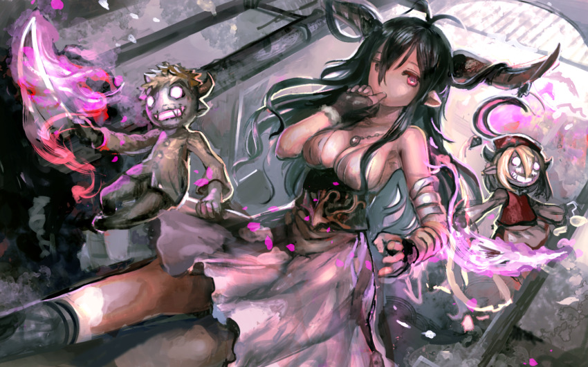 1girl antenna_hair bandaged_arm bandages black_gloves black_hair breasts cleavage commentary_request danua doll draph dress fingerless_gloves gloves granblue_fantasy gretel_(granblue_fantasy) hair_between_eyes hansel_(granblue_fantasy) horns jewelry long_hair looking_at_viewer necklace organ_derwald pointy_ears red_eyes solo standing thumb_sucking thumb_to_mouth white_dress