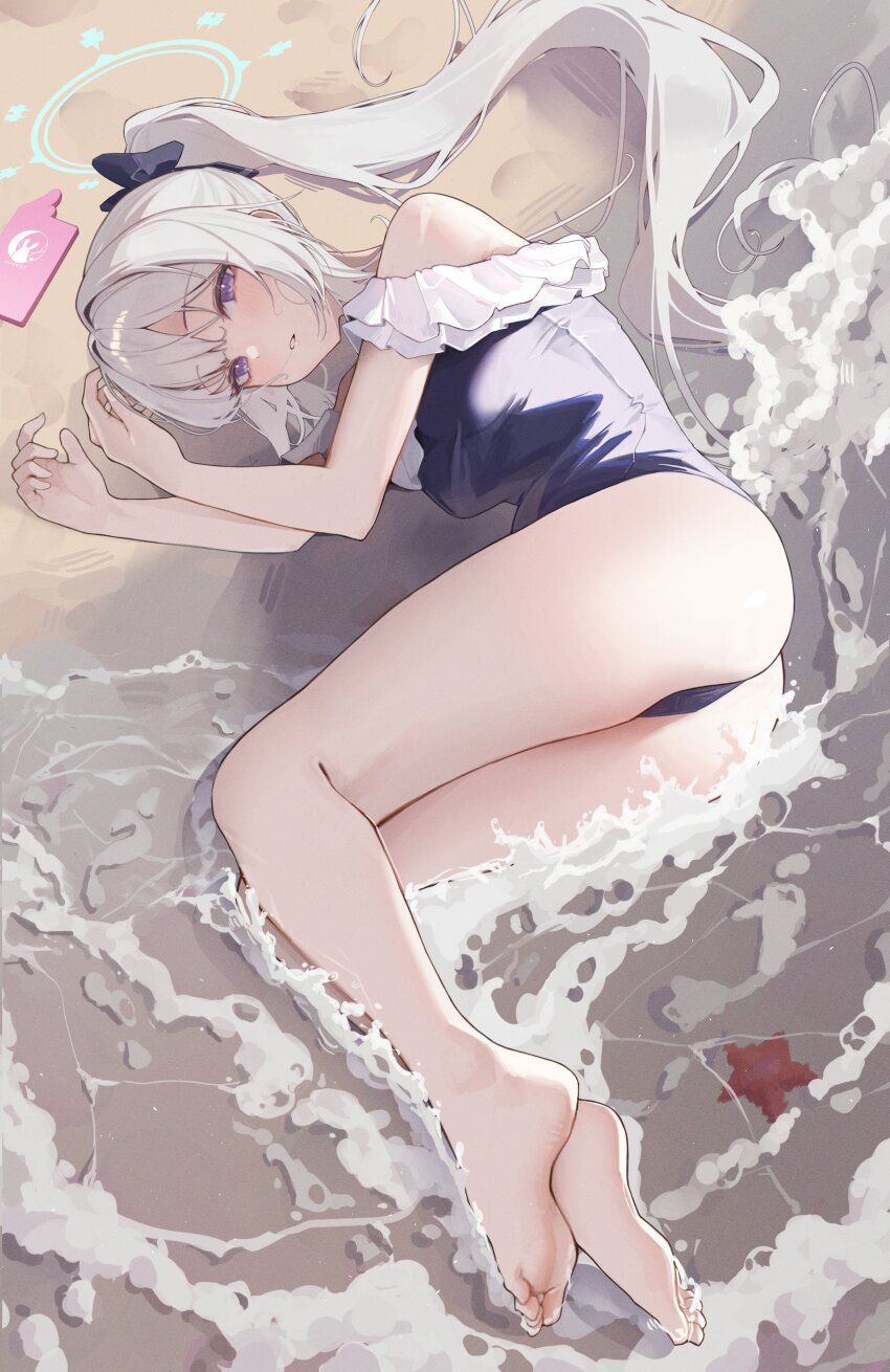 1girl absurdres bare_legs barefoot black_bow blue_archive blue_one-piece_swimsuit blush bow frilled_one-piece_swimsuit frills hair_bow highres long_hair looking_at_viewer lying miyako_(blue_archive) miyako_(swimsuit)_(blue_archive) ocean official_alternate_costume official_alternate_hairstyle on_side one-piece_swimsuit parted_lips pomp_(qhtjd0120) ponytail purple_eyes sand sidelocks solo swimsuit white_hair