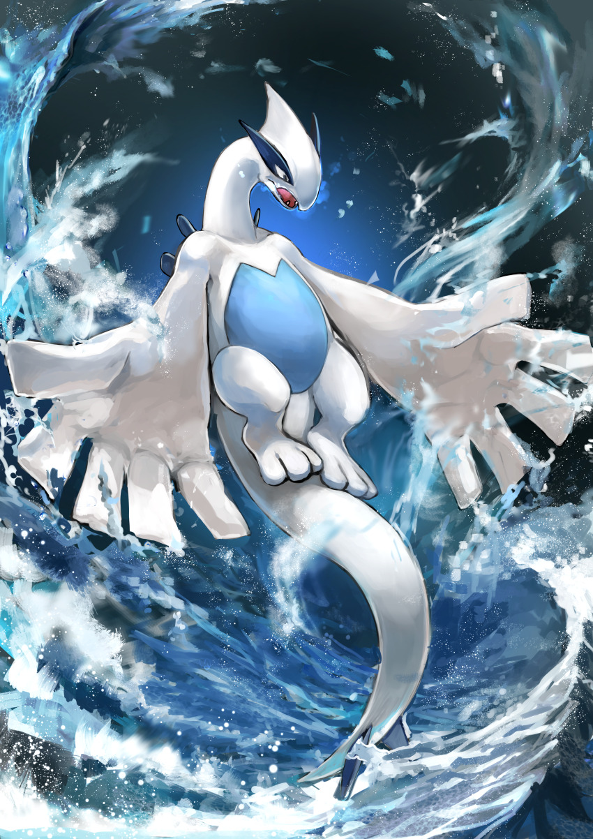 absurdres artist_name black_eyes blue_background commentary_request day_walker1117 fangs full_body gen_2_pokemon highres legendary_pokemon lugia nintendo no_humans ocean open_mouth pokemon pokemon_(creature) pokemon_focus solo water watermark waves wings