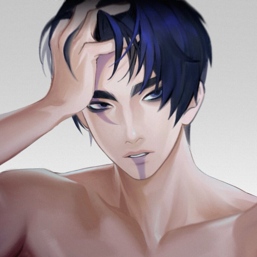 1boy aphelios arm_up bare_shoulders blue_eyes blue_hair collarbone commentary dark_blue_hair facial_mark fiiiiiiisher7 hand_in_own_hair highres league_of_legends looking_to_the_side male_focus portrait sideways_glance simple_background solo topless_male white_background