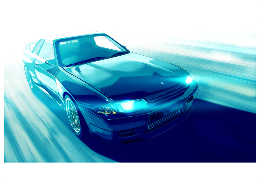 black_car car hariken headlight_beam highres motor_vehicle nissan_skyline nissan_skyline_r32 no_humans original shadow spoiler_(automobile) vehicle_focus