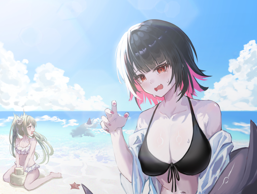 2girls bare_shoulders beach bikini black_bikini black_hair blue_eyes blue_sky blunt_bangs blush breasts claw_pose cleavage cloud colored_inner_hair commentary_request corin_wickes day ellen_joe eyelashes fins fish_tail frilled_bikini frills front-tie_bikini_top front-tie_top green_hair hair_between_eyes halterneck hand_up highres korean_commentary large_breasts lazy_jeyuk_bokkeum long_hair looking_at_viewer multicolored_hair multiple_girls nail_polish ocean outdoors pink_bikini red_eyes red_nails sand_sculpture scared shark shark_girl shark_tail shirt short_hair sitting sky smile sweatdrop swimsuit tail twintails two-tone_hair wariza wavy_mouth white_shirt zenless_zone_zero