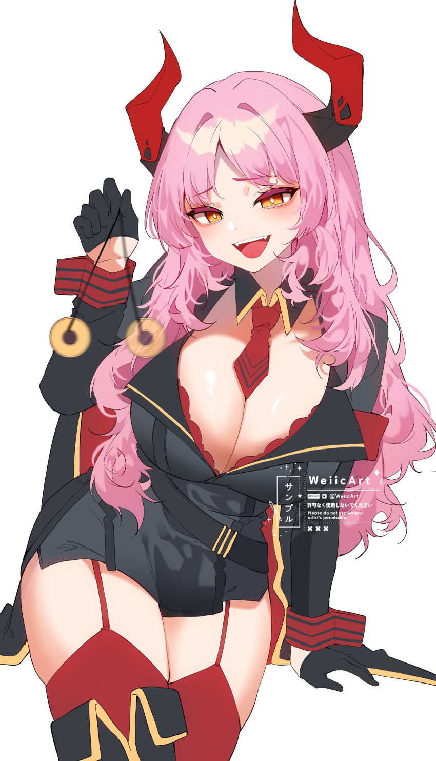 1girl absurdres artist_name black_collar black_dress black_gloves blue_archive breasts bright_pupils cleavage coin coin_on_string collar dress gloves half_gloves highres horns large_breasts long_hair motion_blur multicolored_horns necktie open_mouth orange_eyes pink_hair red_garter_straps red_horns red_necktie red_thighhighs satsuki_(blue_archive) short_necktie smile solo thighhighs two-tone_horns weiic white_background white_pupils