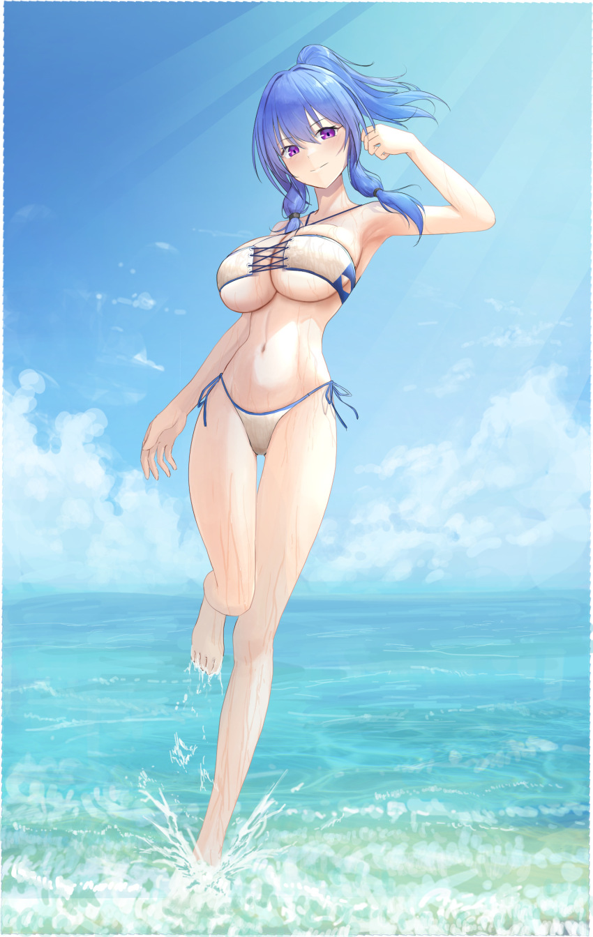 1girl absurdres alternate_costume azur_lane bikini blue_hair breasts cloud cloudy_sky day full_body highres large_breasts lom_(lom_lom_8) looking_at_viewer ponytail purple_eyes side-tie_bikini_bottom sky solo splashing st._louis_(azur_lane) swimsuit water wet white_bikini
