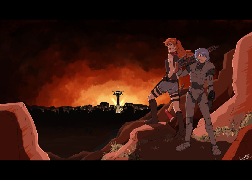 2girls absurdres armor axe ayanami_rei bandages blue_eyes blue_hair boots brown_hair coilgun crossover denim denim_shorts desert enclave_(fallout) fallout fallout:_new_vegas fingerless_gloves fire_axe gloves great_khans_(fallout) highres leather leather_vest magnetic_weapon multiple_girls neckerchief neon_genesis_evangelion night night_sky outdoors pip_boy power_armor power_armor_(fallout) red_eyes scar scar_across_eye scar_on_face shorts sky skyline souryuu_asuka_langley vergolophus vest