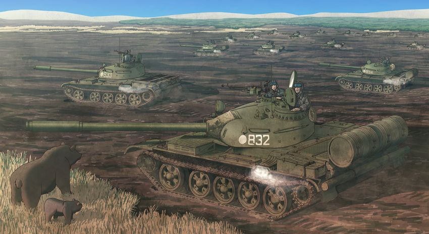 6+boys animal bear caterpillar_tracks cloud day dshk earasensha grass gun heavy_machine_gun hill machine_gun military military_vehicle motor_vehicle multiple_boys original sky t-55 tank weapon