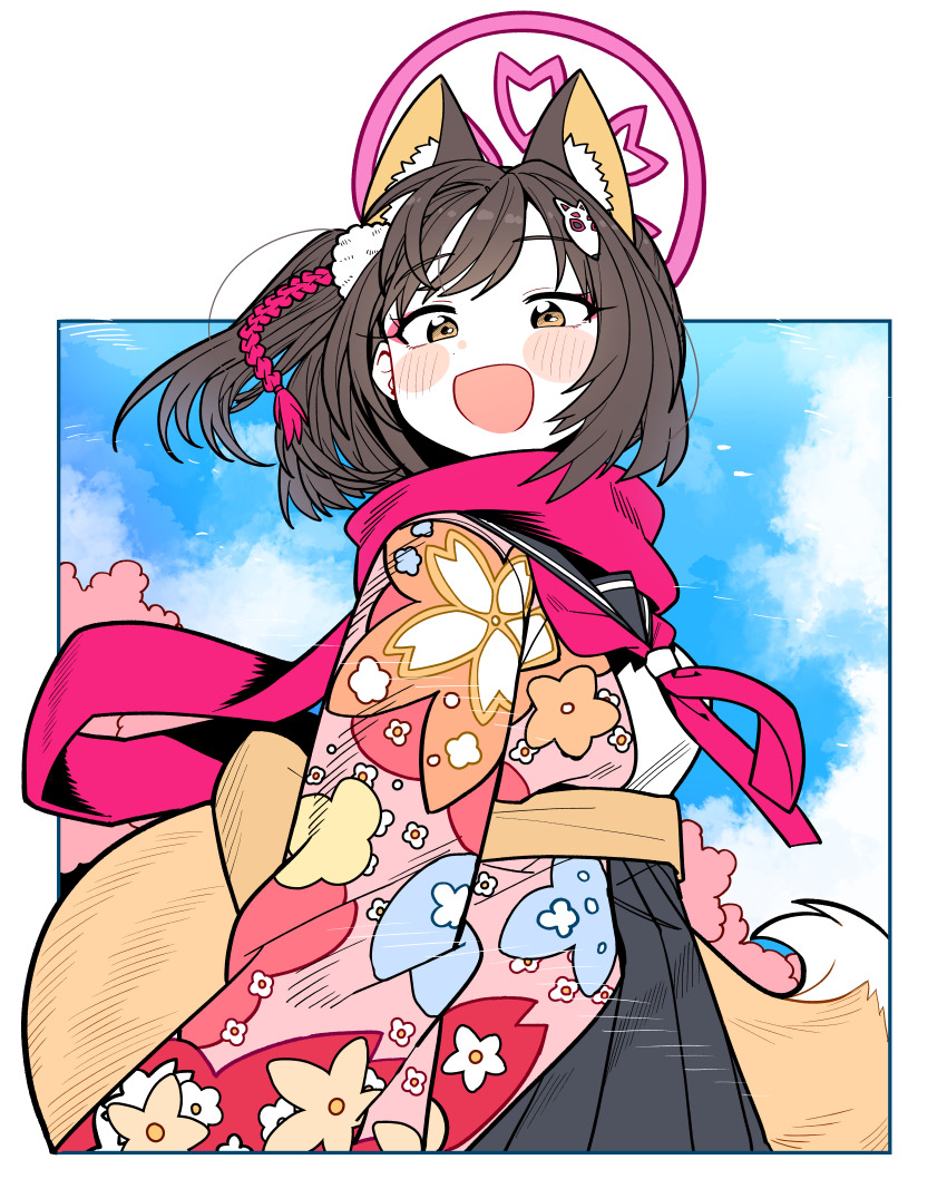 1girl :o absurdres animal_ear_fluff animal_ears blue_archive blush breasts brown_hair eyeshadow floral_print fox_ears fox_girl fox_hair_ornament fox_tail hair_ornament halo highres izuna_(blue_archive) japanese_clothes kimono looking_at_viewer makeup open_mouth pink_eyeshadow pink_halo pink_kimono pink_scarf pom_pom_(clothes) pom_pom_hair_ornament scarf school_uniform serafuku short_hair simple_background sky solo tail white_background wind wujurana yellow_eyes