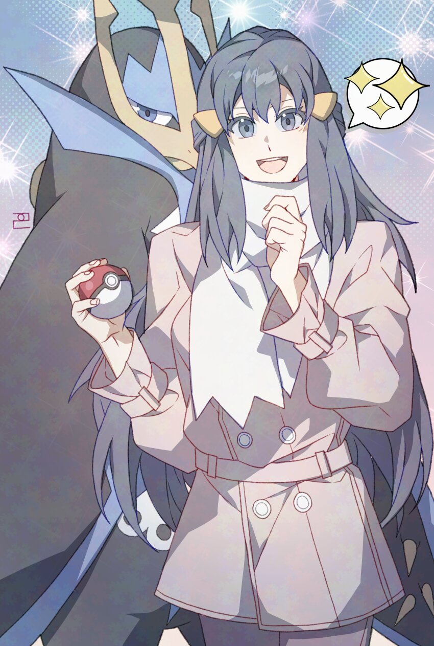 1girl :d absurdres aged_up bird blue_eyes blue_hair coat commentary_request dawn_(pokemon) empoleon gen_4_pokemon highres holding holding_poke_ball korean_commentary long_hair mature_female nintendo open_mouth penguin pink_coat poke_ball poke_ball_(basic) pokemon pokemon_(creature) pokemon_dppt pokemon_platinum scarf smile solo sparkle spoken_sparkle standing stellaofastra teeth upper_teeth_only white_scarf