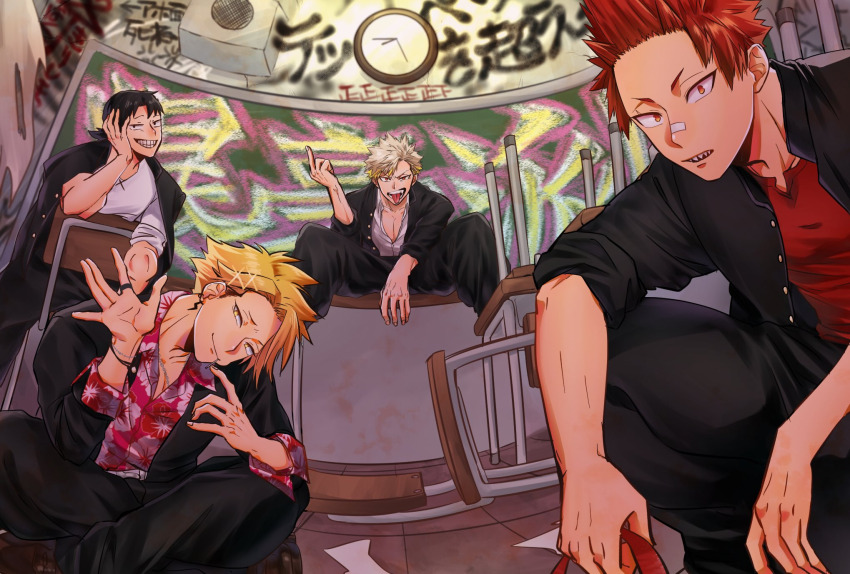 4boys bakugou_katsuki bandaid bandaid_on_face bandaid_on_nose black_eyes black_hair blonde_hair boku_no_hero_academia chain chalkboard classroom clock collared_shirt hair_ornament highres jewelry kaminari_denki kirishima_eijirou looking_at_viewer male_focus middle_finger multiple_boys open_clothes open_shirt pectoral_cleavage pectorals red_eyes red_hair ring sero_hanta sharp_teeth shirt short_hair sitting sitting_on_table skkm_kb spiked_hair squatting table teeth tongue tongue_out vandalism yellow_eyes