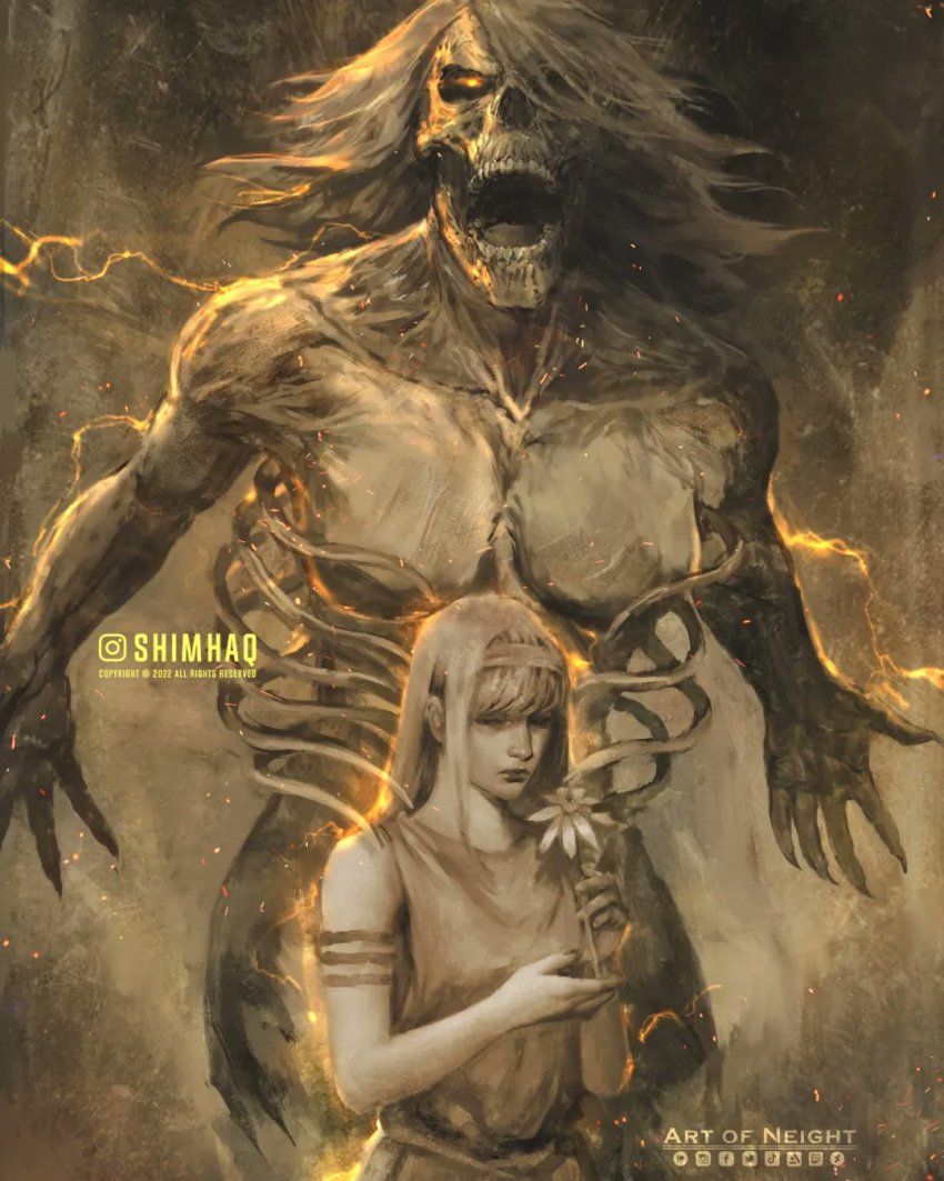 1girl arm_strap art_of_neight artist_collaboration artist_name bare_shoulders blonde_hair blunt_bangs bone brown_theme commentary electricity english_commentary exposed_muscle fingernails floating_hair flower founding_titan glowing glowing_eyes hair_over_one_eye hairband half-closed_eyes hands_up highres holding holding_flower logo monochrome one_eye_closed open_mouth ribs sharp_fingernails shimhaq shingeki_no_kyojin sidelocks sleeveless swept_bangs teeth titan_(shingeki_no_kyojin) transformation twitter_logo ymir_fritz