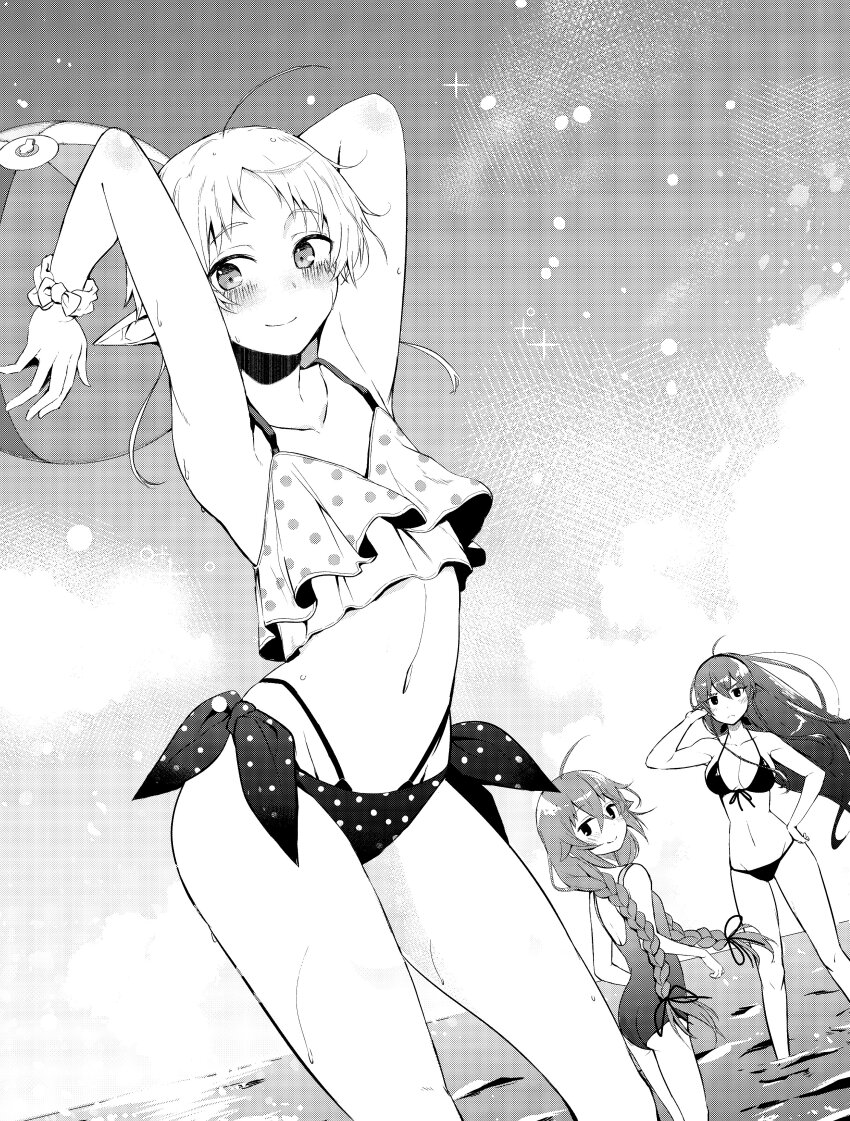 3girls absurdres alternate_costume arms_up ass ball beachball bikini blush braid breasts cleavage closed_mouth collarbone commentary_request dutch_angle elf eris_greyrat flat_chest frilled_bikini frills front-tie_bikini_top front-tie_top greyscale highres holding holding_above_head holding_ball holding_beachball horizon large_breasts long_braid long_hair looking_at_viewer monochrome multi-strapped_bikini_bottom multiple_girls mushoku_tensei nakami_chihiro navel ocean one-piece_swimsuit pointy_ears roxy_migurdia short_hair side-tie_bikini_bottom swimsuit sylphiette_(mushoku_tensei) thighs twin_braids wading water