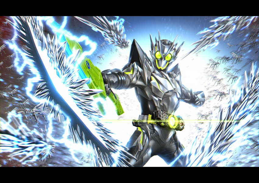 1boy absurdres armor armored_boots armored_gloves attache_calibur belt boots bug commentary_request compound_eyes rider_belt grasshopper helmet highres holding insect kamen_rider kamen_rider_01_(series) kamen_rider_zero-one male_focus metalcluster_hopper progrise_hopper_blade progrise_key rider_belt ryukawa solo sword tokusatsu weapon zero_one_driver