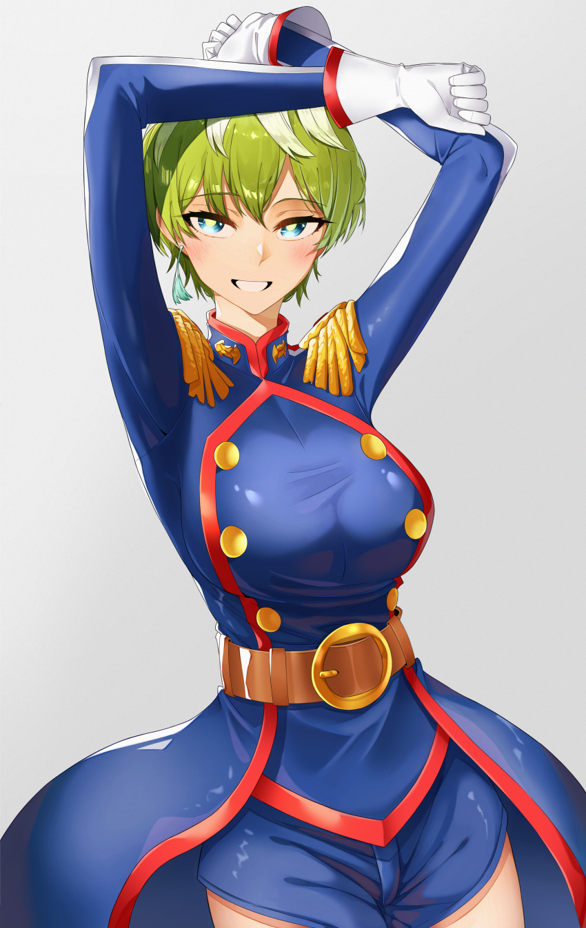 1girl absurdres anti-demon_corps_uniform arms_up blue_coat blue_shorts breadcrutz coat earrings epaulettes gloves gradient_background green_eyes green_hair grey_background grin highres izumo_tenka jewelry looking_at_viewer mato_seihei_no_slave multicolored_hair shorts single_earring smile solo studded tassel tassel_earrings teeth two-tone_hair white_gloves