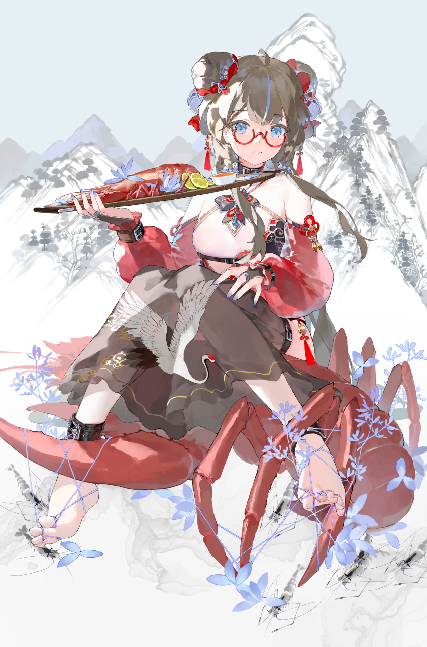 1girl absurdres bare_shoulders barefoot blue_eyes blue_nails bodhi_wushushenghua bound bound_legs bound_toes brown_hair chinese_clothes crayfish cuffs diamond-shaped_pupils diamond_(shape) double_bun flower food fruit glasses gold_trim hair_bun highres holding holding_tray lemon lemon_slice lobster lobster_claw mountainous_horizon nail_polish original round_eyewear sauce serving shackles shrimp skirt solo spread_toes symbol-shaped_pupils toenail_polish toenails toes tray