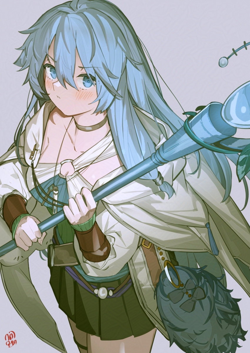 1girl artist_name blue_eyes blue_hair blush breasts capelet collarbone dress duel_monster eria_the_water_channeler highres holding holding_staff large_breasts looking_at_viewer pleated_dress sen-jou sideboob solo staff upper_body vial yu-gi-oh!