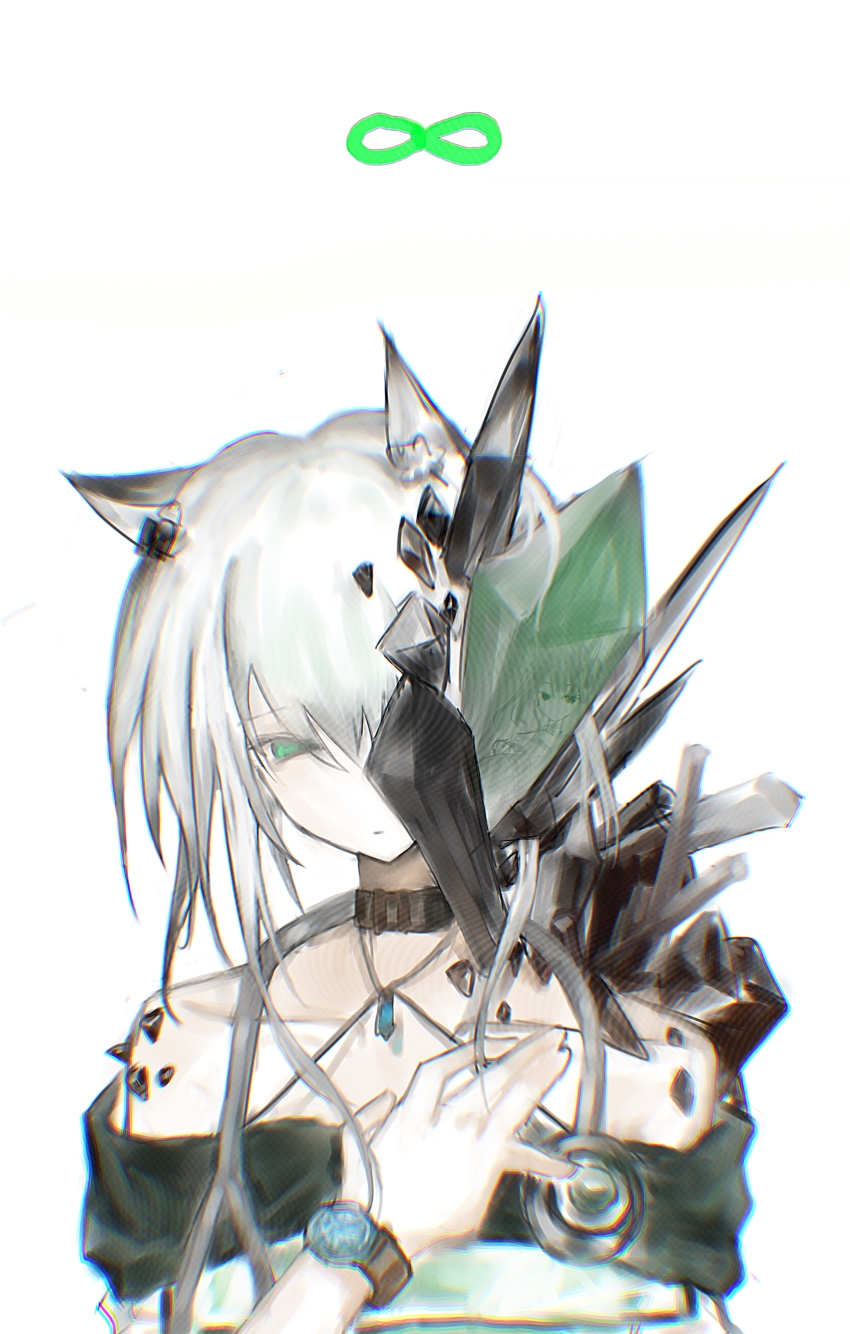 2girls :| absurdres animal_ears arknights bare_shoulders black_choker cat_ears chinese_commentary choker chromatic_aberration closed_mouth collarbone commentary_request dress expressionless green_dress green_eyes grey_hair hair_between_eyes halterneck hand_on_own_chest heavy_chromatic_aberration highres infinity_symbol jewelry kal&#039;tsit_(arknights) material_growth medium_hair mon3tr_(arknights) multiple_girls off_shoulder originium_(arknights) oripathy_lesion_(arknights) pendant simple_background solo_focus stethoscope_around_neck upper_body watch white_background wristwatch xinjinjumin947129353529
