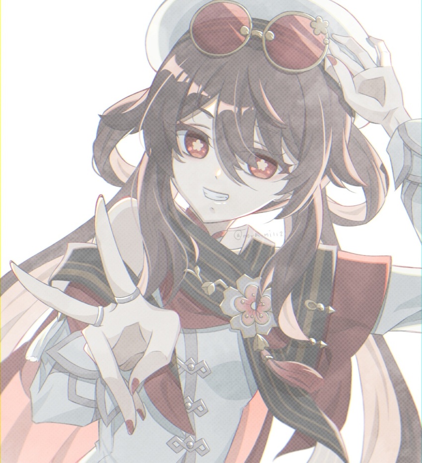 1girl brown_hair chinese_clothes eyewear_on_head flower flower-shaped_pupils genshin_impact hat highres hu_tao_(cherries_snow-laden)_(genshin_impact) hu_tao_(genshin_impact) long_hair looking_at_viewer nowa_mi112 official_alternate_costume plum_blossoms red_eyes smile solo symbol-shaped_pupils twintails upper_body v white_hat