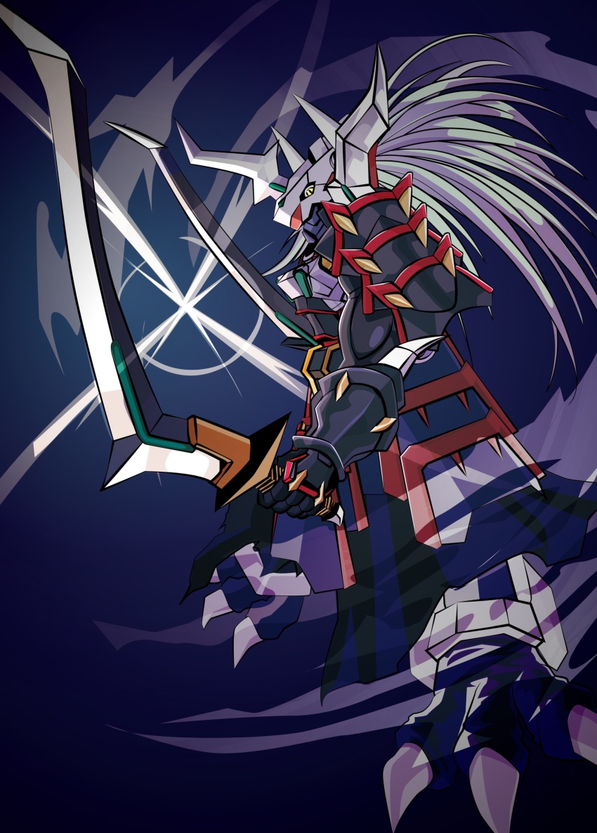 absurdres armor black_armor blue_background digimon digimon_(creature) digimon_story:_cyber_sleuth dragon dual_wielding gaioumon highres holding holding_sword holding_weapon horns long_hair simple_background slit_pupils sword tai_(cheungsk1213) weapon white_hair yellow_eyes