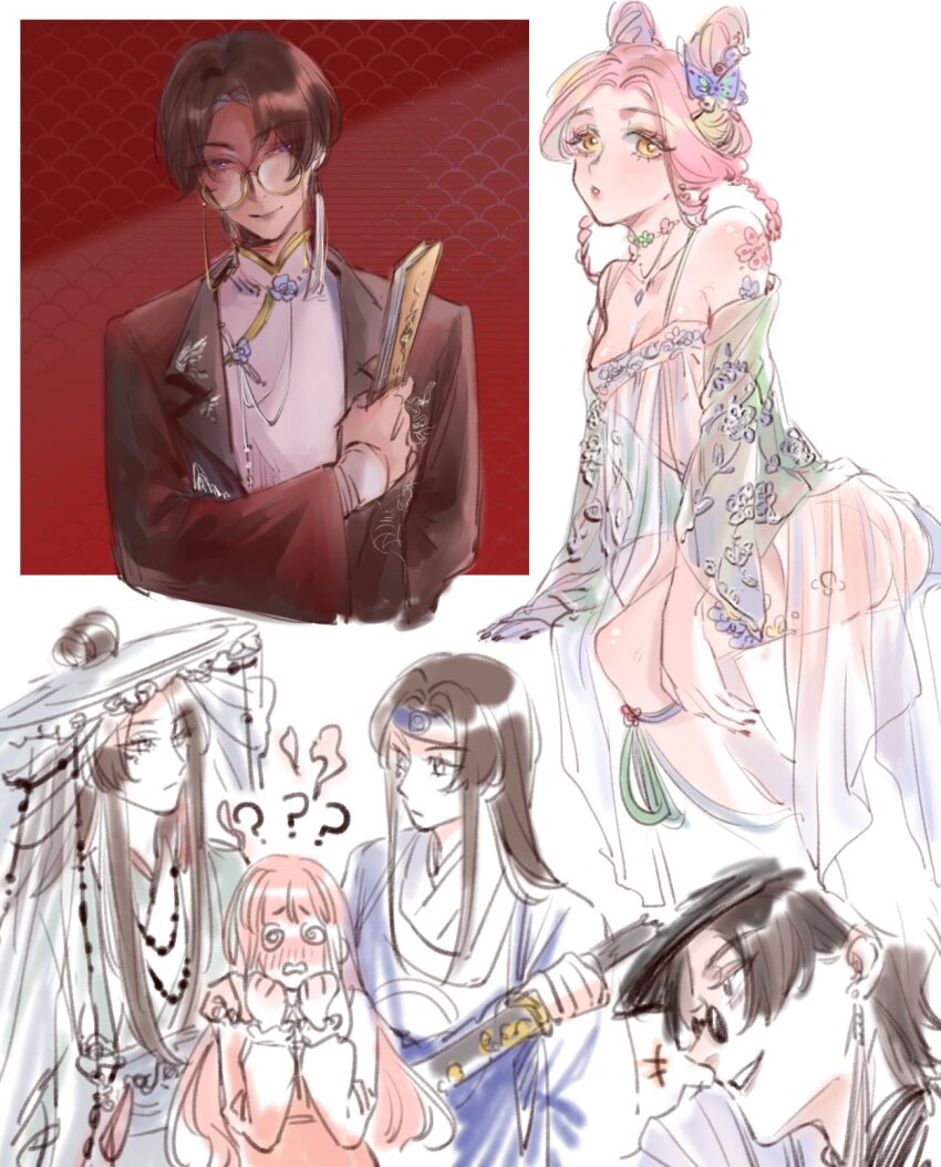 +++ 1girl 3boys ? ?? @_@ apron ass bare_shoulders bespectacled binglanxianqi black_hat black_jacket blue_apron blue_flower blue_hanfu blue_headband blush bow braid breasts bright_pupils brooch brown_hair character_request chinese_clothes choker cleavage clenched_hands closed_mouth collared_jacket cone_hair_bun cropped_legs cropped_torso double_bun dress earrings expressionless eyelashes fan_to_mouth floral_print flower flower_brooch flower_choker flower_tattoo flustered folded_fan folding_fan frilled_headwear frilled_sleeves frills glasses green_hanfu green_ribbon green_robe grey_veil hair_bobbles hair_bow hair_bun hair_ornament hair_through_headwear hand_fan hand_on_another&#039;s_shoulder hands_on_own_chin hanfu hat headband highres holding holding_fan holding_sword holding_weapon jacket jewelry jian_(weapon) lapels layered_sleeves leg_ribbon leg_tattoo light_frown lipstick long_dress long_hair long_sleeves looking_at_viewer makeup multiple_boys multiple_views nikki_(nikki) nikki_(series) notched_lapels open_clothes open_jacket parted_bangs parted_lips pendant pinafore_dress pink_dress pink_hair pink_lips puffy_long_sleeves puffy_sleeves purple_bow qin_yi revealing_clothes ribbon robe round_eyewear see-through_clothes see-through_dress sheath sheathed shining_nikki shirt short_hair shoulder_tattoo sidelocks sitting sleeveless sleeveless_dress sleeves_past_wrists straight_hair sunglasses sword tassel tassel_earrings tattoo teeth twin_braids veil weapon white_background white_dress white_eyes white_hat white_pupils white_shirt wide_sleeves yellow-framed_eyewear yellow_eyes