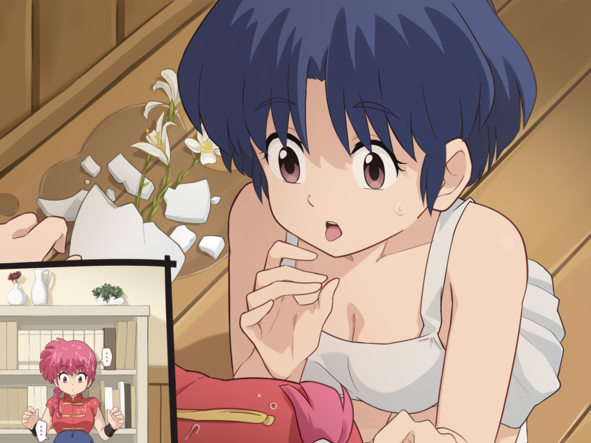 ... 2girls blue_hair bookshelf braid breasts broken_vase chinese_clothes cleavage dress fellatio_gesture flower highres laofuzi_dai_bansho multiple_girls pink_hair ranma-chan ranma_1/2 red_eyes single_braid sundress sweatdrop tangzhuang tendou_akane tongue tongue_out wet wet_hair white_dress white_flower wooden_floor
