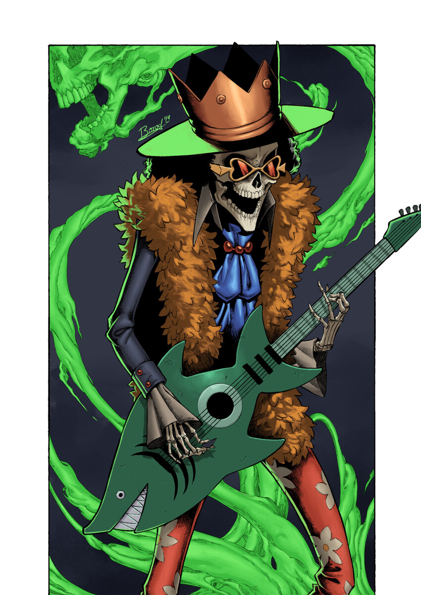 1boy afro ascot black_hair blue_ascot brook_(one_piece) commentary crown crown_hat dborod electric_guitar english_commentary frilled_sleeves frills ghost gold_crown guitar hat heart heart-shaped_eyewear highres holding holding_guitar holding_instrument instrument male_focus music one_piece open_mouth pink-tinted_eyewear playing_guitar playing_instrument signature skeleton solo sunglasses tinted_eyewear yellow-framed_eyewear