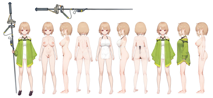 1girl absurdres apron ass backboob barefoot breasts brown_hair brown_shoes cleavage closed_mouth completely_nude cropped_arms dress expressionless eyebrows_hidden_by_hair female_pubic_hair from_behind from_side full_body green_jacket highres holding holding_weapon incredibly_absurdres jacket large_breasts looking_at_viewer moning multiple_views naked_apron nipples nude off-shoulder_jacket off_shoulder original pubic_hair red_eyes reference_sheet shoes short_hair sideboob simple_background toes weapon wedgie white_background white_dress