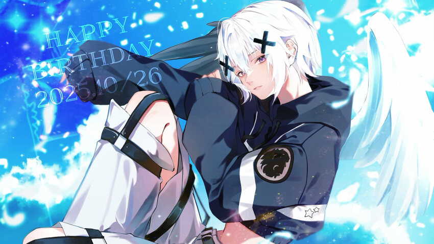 1boy angel_wings blue_hoodie blue_sky clothing_cutout cloud cropped_hoodie dated hair_between_eyes hair_ornament happy_birthday highres hood hoodie knee_up leg_cutout light_particles looking_at_viewer male_focus melt_(meteorites) meteorites_(stpr) pants parted_lips purple_eyes short_hair sky sleeves_past_wrists smile solo white_hair white_pants white_wings wings x_hair_ornament ymayma_da
