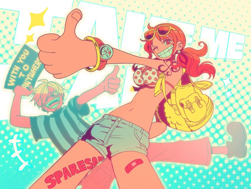 1boy 1girl absurdres arm_tattoo arm_up backpack bag bikini bikini_top_only blonde_hair clima-tact highres nami_(one_piece) one_piece ponytail sanam_1piece sanji_(one_piece) shorts shoulder_tattoo smile sunglasses swimsuit tattoo