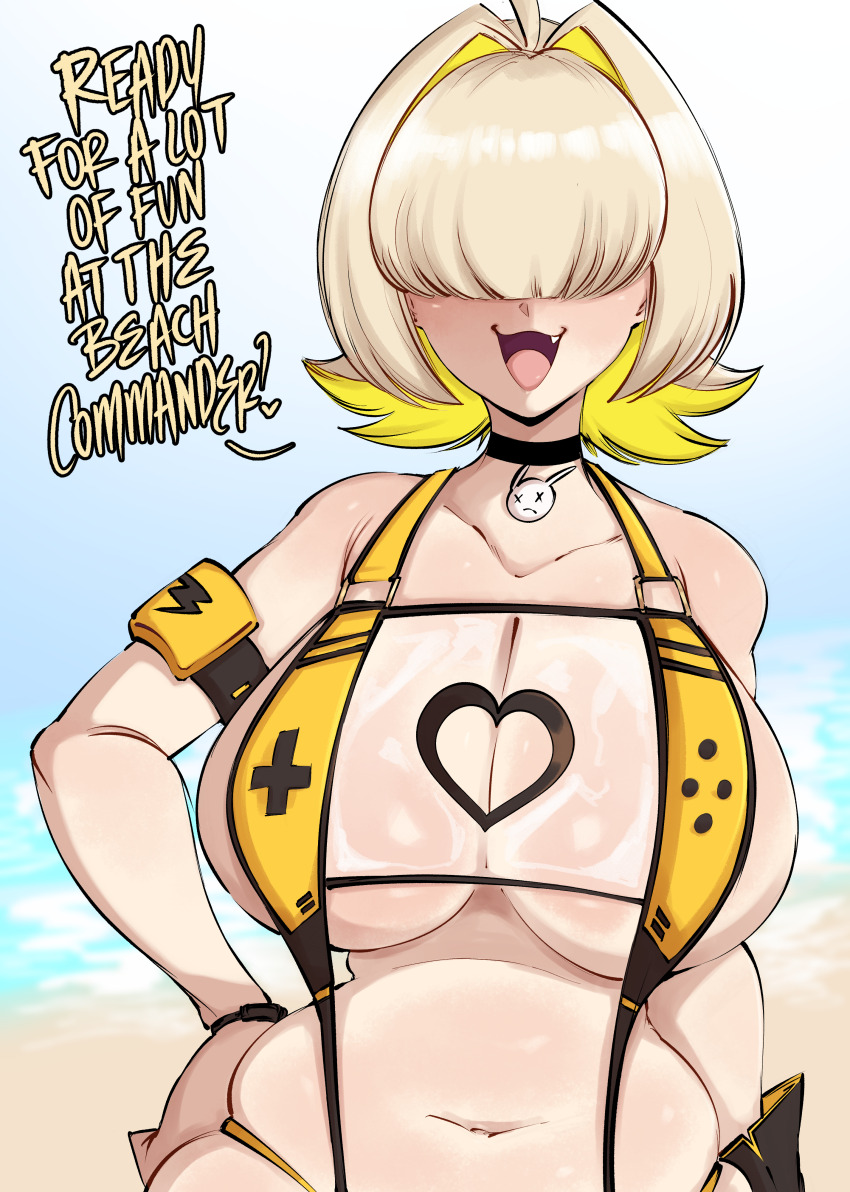 1girl armlet beach blonde_hair breasts choker collarbone covered_eyes day elegg_(boom_and_shock)_(nikke) elegg_(nikke) fang goddess_of_victory:_nikke hair_intakes huge_breasts jewelry multicolored_hair navel ocean official_alternate_costume open_mouth plump saltyxodium sand short_hair slingshot_swimsuit smile solo standing swimsuit text_focus two-tone_hair upper_body water