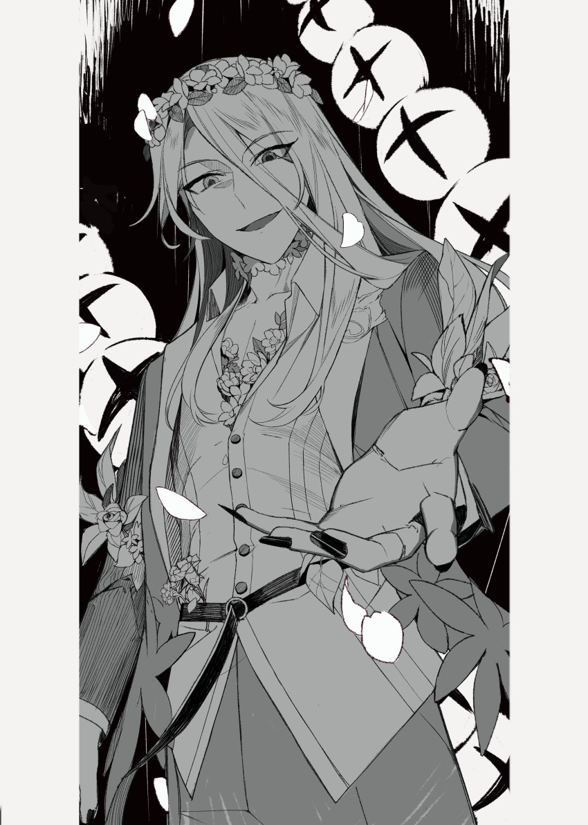 1boy absurdres belt black_background collared_shirt commentary cowboy_shot demon_pillar_(fate) empty_eyes english_commentary evil_smile falling_petals fate/grand_order fate_(series) fingernails flower flower_wreath greyscale hair_between_eyes head_wreath heterochromia highres jacket leaf long_fingernails long_hair long_sleeves looking_at_viewer male_focus monochrome open_clothes open_collar open_jacket open_mouth pants petals pillarboxed reaching reaching_towards_viewer shirt smile solo standing very_long_hair wing_collar wolfgang_amadeus_mozart_(fate) wolfgang_amadeus_mozart_(traveling_outfit)_(fate) yukkuri_(fumoyun)