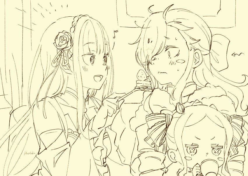 1boy 2girls beatrice_(re:zero) cake crossdraw_holster crossdressing cup detached_sleeves drill_hair emilia_(re:zero) feeding food fork hair_over_one_eye harusabin highres long_hair multiple_girls natsuki_subaru natsumi_schwarz re:zero_kara_hajimeru_isekai_seikatsu sketch teacup trap twin_drills