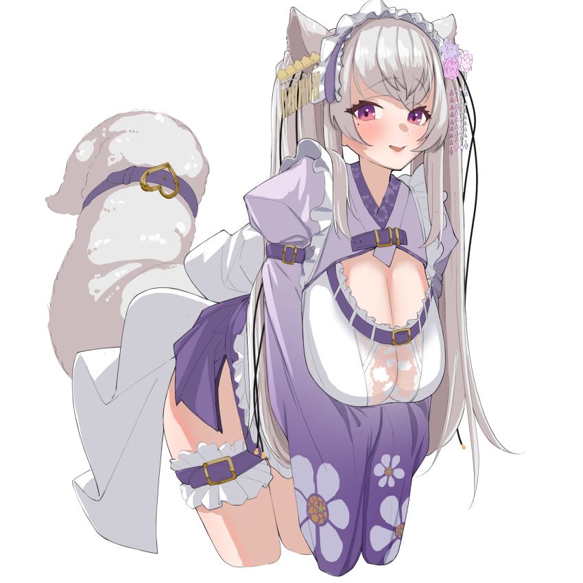 1girl animal_ears apron arms_under_breasts back_bow bent_over blush bow breasts cleavage cleavage_cutout clothing_cutout commentary_request cowboy_shot cropped_kimono cropped_legs flower frilled_apron frilled_hairband frilled_thigh_strap frills furisode_sleeves grey_hair grey_tail hair_flower hair_ornament hairband hakama hakama_short_skirt hakama_skirt hanging highres huge_breasts japanese_clothes kanzashi kimono kkillusked kouya_no_naga_samurai large_bow lolita_hairband long_hair looking_at_viewer maid maid_apron maid_headdress miniskirt miyako_miyuri miyako_miyuri_(1st_costume) mole mole_under_eye no_bra oga_bira_kanzashi open_mouth pleated_skirt purple_kimono purple_shrug purple_skirt red_eyes sagging_breasts see-through_cleavage see-through_clothes shirt shrug_(clothing) simple_background skirt smile solo tail tail_strap thigh_strap tsumami_kanzashi v-shaped_eyebrows very_long_hair virtual_youtuber wa_maid waist_apron white_background white_shirt wolf_ears wolf_girl wolf_tail