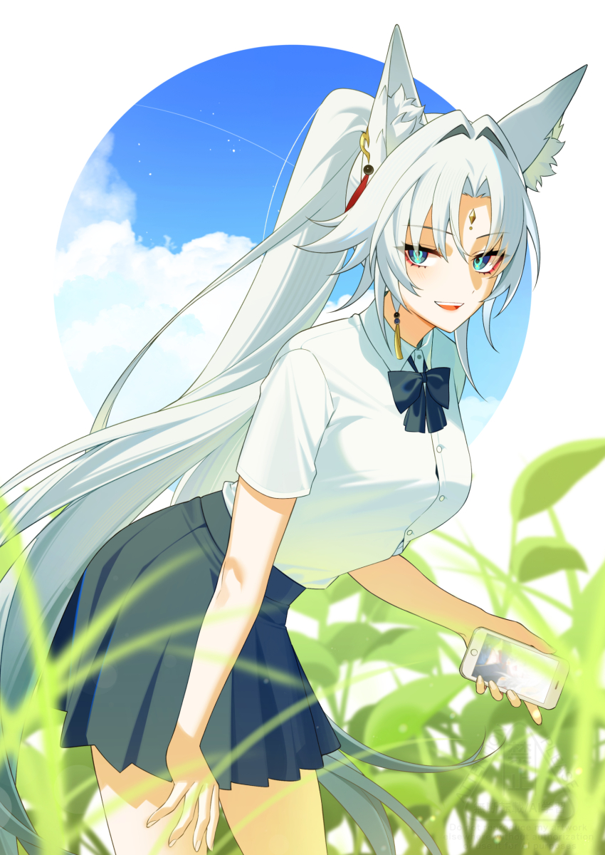1girl animal_ear_fluff animal_ear_piercing animal_ears bechu black_skirt breasts cellphone collared_shirt commentary_request day dress_shirt eyeliner feixiao_(honkai:_star_rail) fingernails forehead_jewel fox_ears fox_girl highres holding holding_phone honkai:_star_rail honkai_(series) korean_commentary leaning_forward long_hair makeup outdoors parted_lips phone red_eyeliner revision shirt skirt solo teeth upper_teeth_only very_long_hair white_hair white_shirt