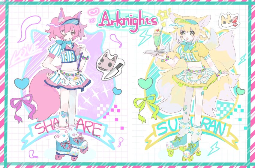 2girls :d animal_ear_fluff animal_ears arknights blonde_hair braid brown_eyes character_name closed_mouth fox_ears fox_girl fox_tail full_body green_eyes halo heart highres holding holding_plate kawaiiyagi kitsune knife kyuubi loose_socks midriff miniskirt morte_(arknights) multiple_girls multiple_tails navel one_eye_closed open_mouth plate puffy_short_sleeves puffy_sleeves purple_halo roller_skates shamare_(arknights) short_hair short_sleeves skates sketch skirt smile socks suzuran_(arknights) tail twin_braids visor_cap